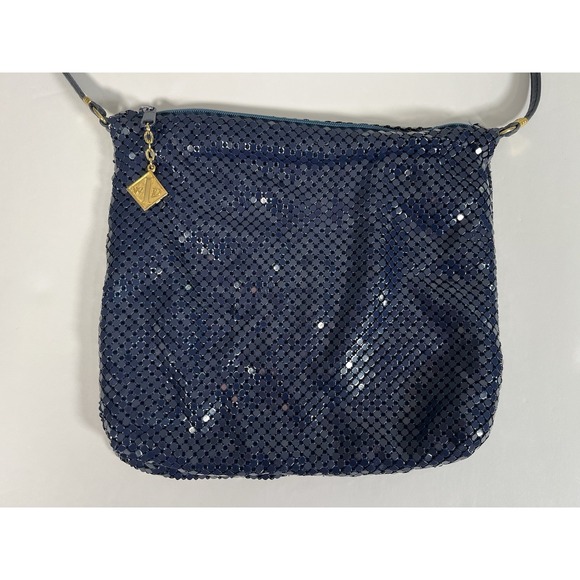 Vtg 80s Whiting & Davis Navy Blue Chainmail Mesh Leather Crossbody Shoulder Bag - Picture 1 of 10